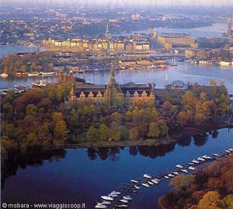 Nordic Museum on Djurgården, Stockholm, surrounded by water and moored boats