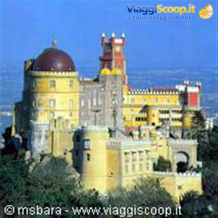 Pena Palace in Sintra, yellow and red walls, domes among the trees