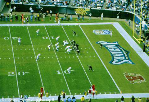 American football game at Jacksonville Jaguars stadium, crowded green field