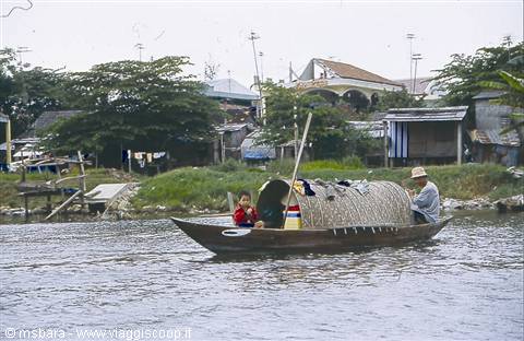 Wooden boat with straw canopy on river, man rowing and child aboard
