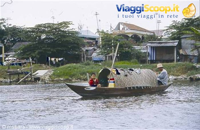 Wooden boat with straw canopy on river, man rowing and child aboard