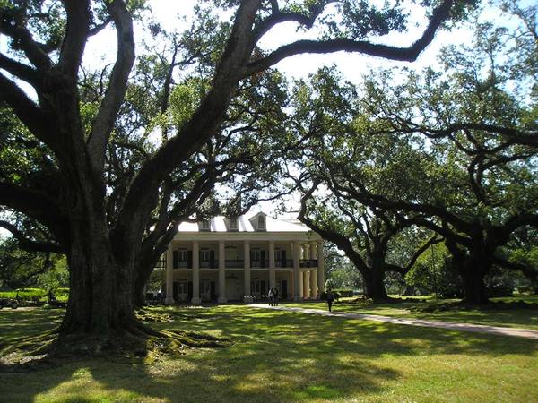 White columned plantation mansion shaded by giant oaks, visitors walk on the lawn