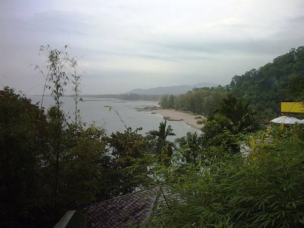 Tropical beach with pale sand, palm trees and green hill under grey sky