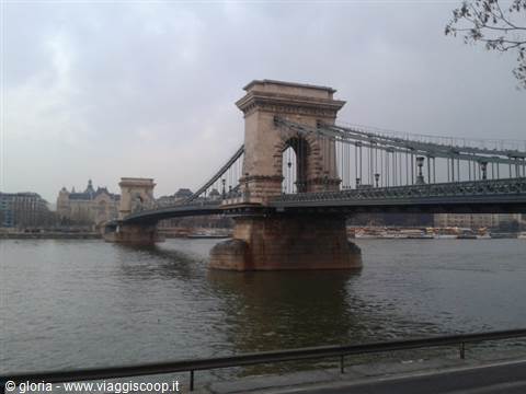 Stone Chain Bridge over the Danube in Budapest, grey sky, soft light