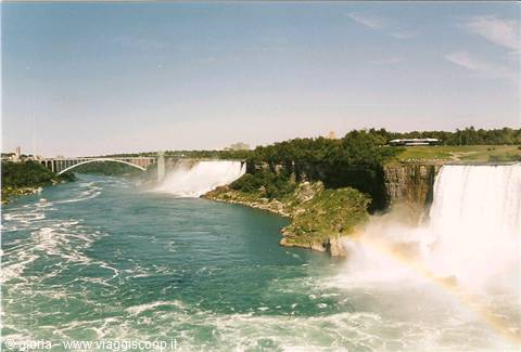 Niagara Falls, rainbow in the mist and arched bridge over the river