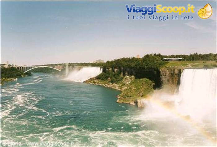 Niagara Falls, rainbow in the mist and arched bridge over the river