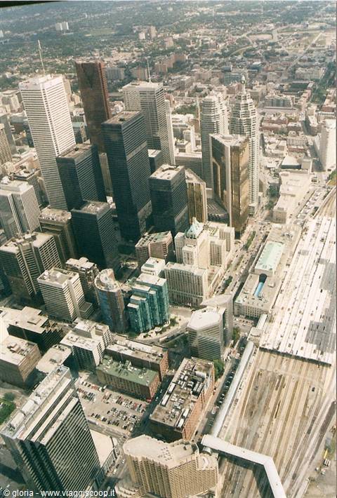 Toronto skyscrapers seen from the CN Tower, railway tracks below