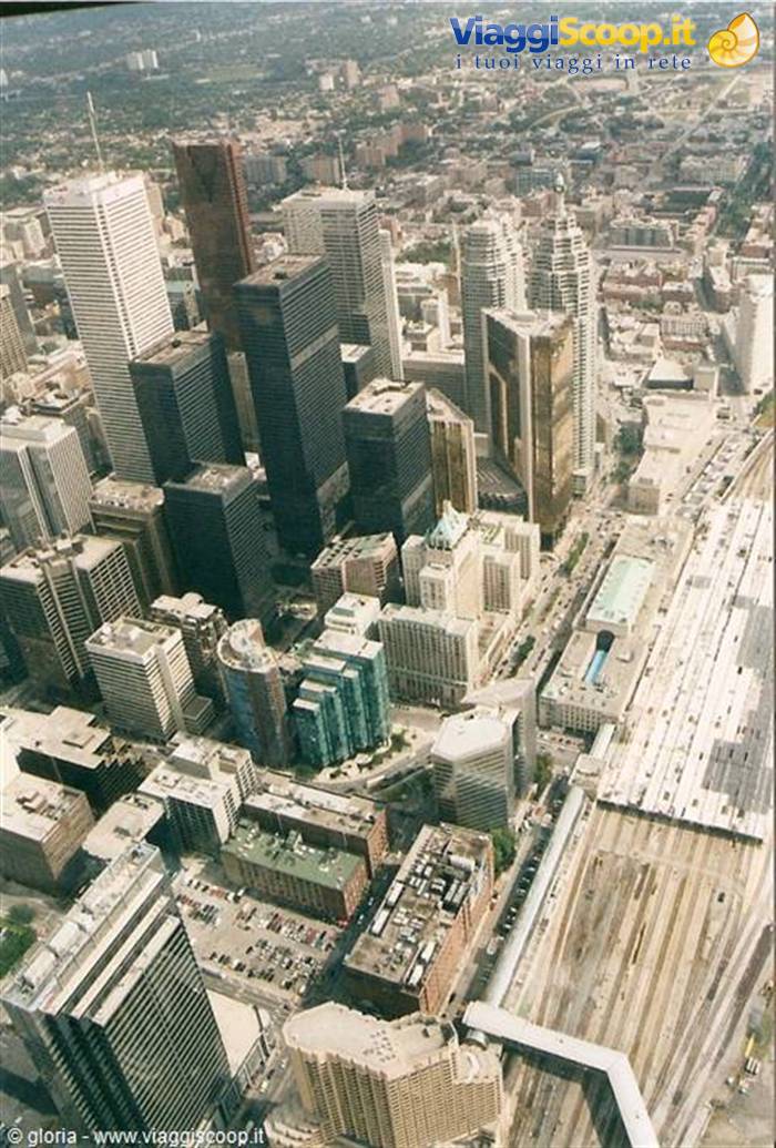 Toronto skyscrapers seen from the CN Tower, railway tracks below