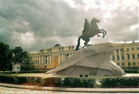 The Bronze Horseman statue of Peter the Great on granite, Senate Square