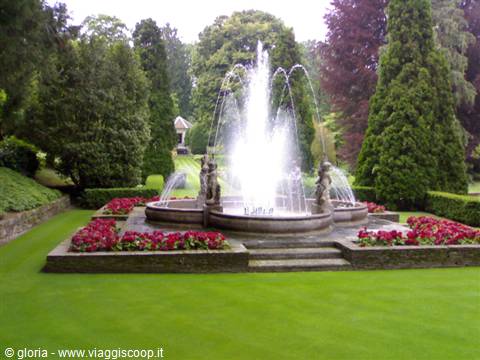 Stone fountain with water jets among red flowers and tall conifers