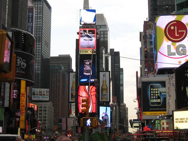 LG and Kodak neon signs on Times Square skyscrapers, New York