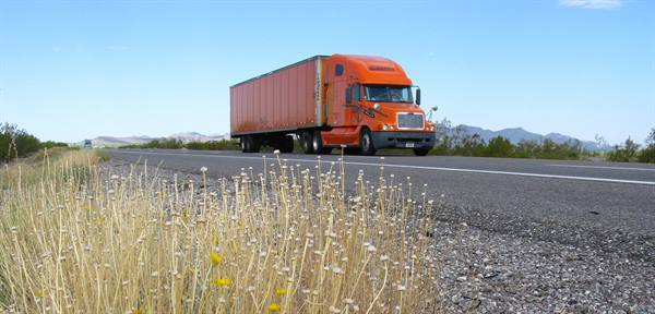Camion arancione sfreccia sull'asfalto tra arbusti secchi e montagne lontane