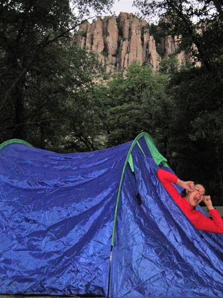 Campeggio tra gli alberi, tenda blu e pareti rocciose di pinnacoli