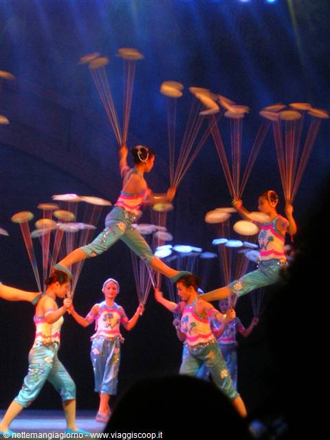 Acrobats on stage spinning plates on sticks, circus performance