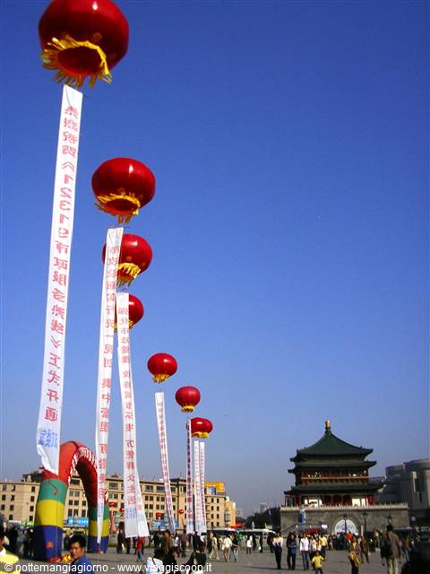 Red balloons with banners floating above the Bell Tower in Xi'an