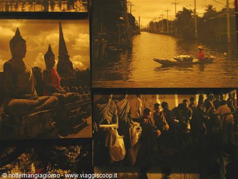 Photo sketches: stone Buddhas, canal boat ride, crowded market