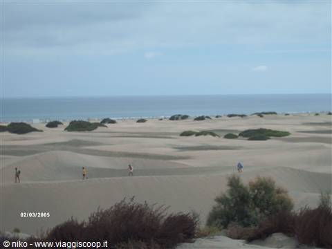 Visitors walking across the Maspalomas sand dunes facing the ocean