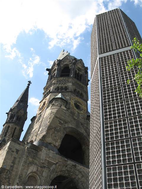 Kaiser Wilhelm Memorial Church in Berlin, ruined tower beside the new church