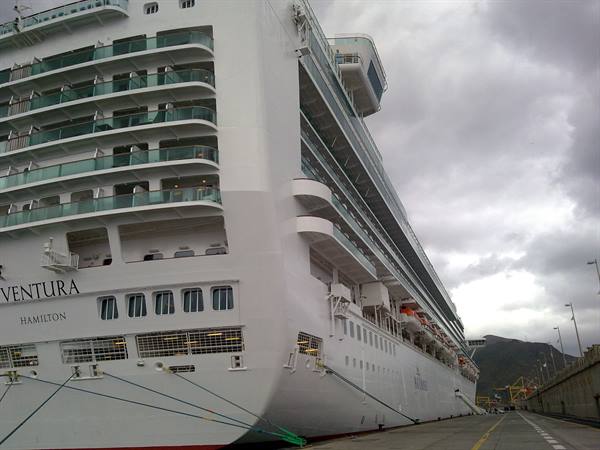 The Ventura cruise ship moored at the port under cloudy skies