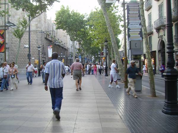 Pedestrians walking along Barcelona's Rambla among plane trees, lampposts and stone buildings