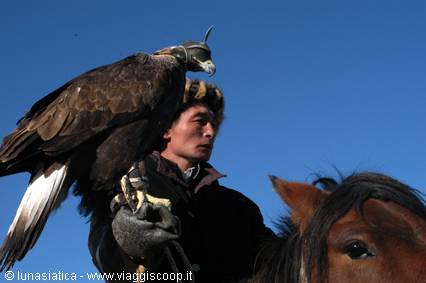 Horseman riding with a hooded golden eagle perched on his gloved arm