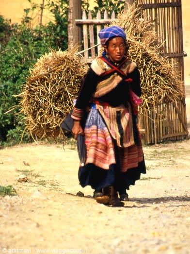 flowered h'mong - elderly woman at work