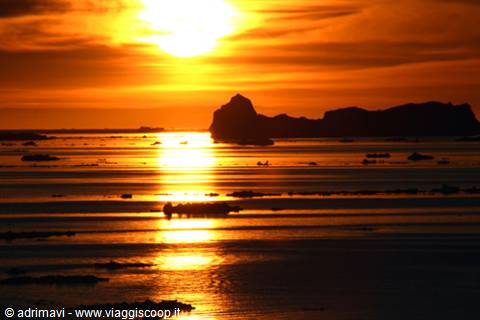 low sun reflects on the ocean among dark icebergs backlit