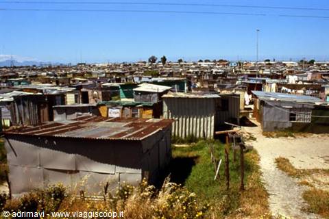 Corrugated iron shacks in a township, dirt paths under a blue sky