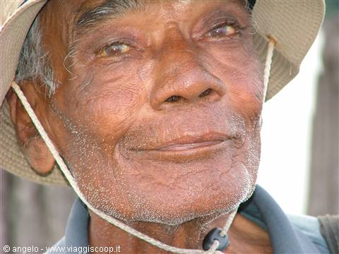 Wrinkled face of an elderly man wearing straw hat, natural light