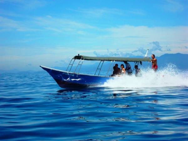 Blue motorboat with canopy carries passengers across splashing turquoise sea