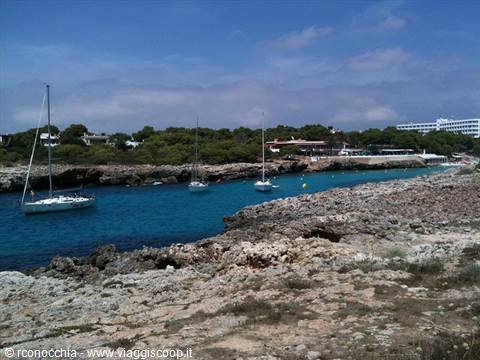Sailboats anchored in rocky turquoise cove with pine trees, Mallorca