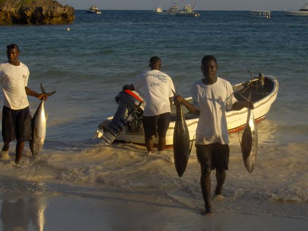 Fishermen carrying tuna near boat with outboard motor