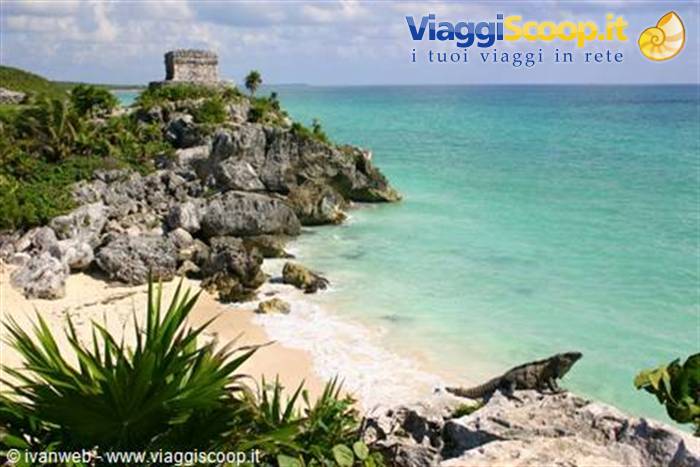 Mayan stone temple on the cliff above Tulum beach