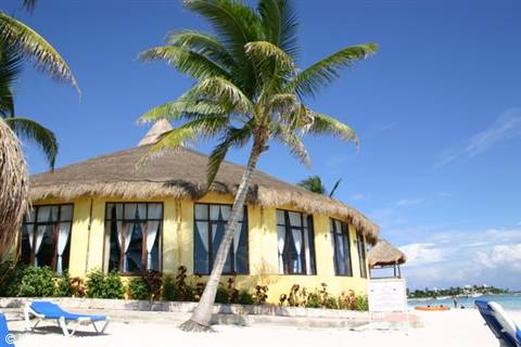 Leaning palm tree in front of yellow thatched-roof hut on white beach
