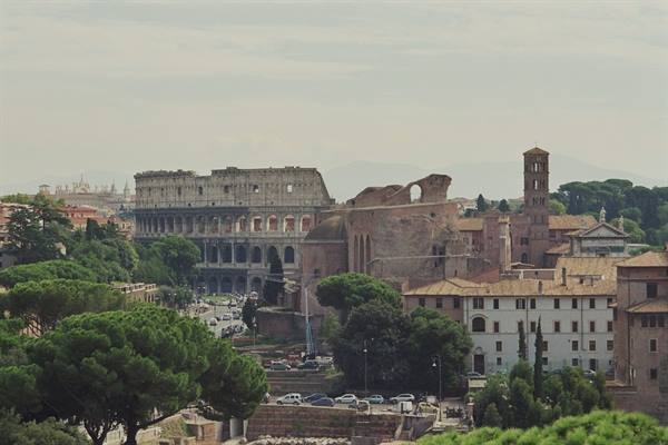 The Colosseum and Basilica of Maxentius among Rome's pines and buildings
