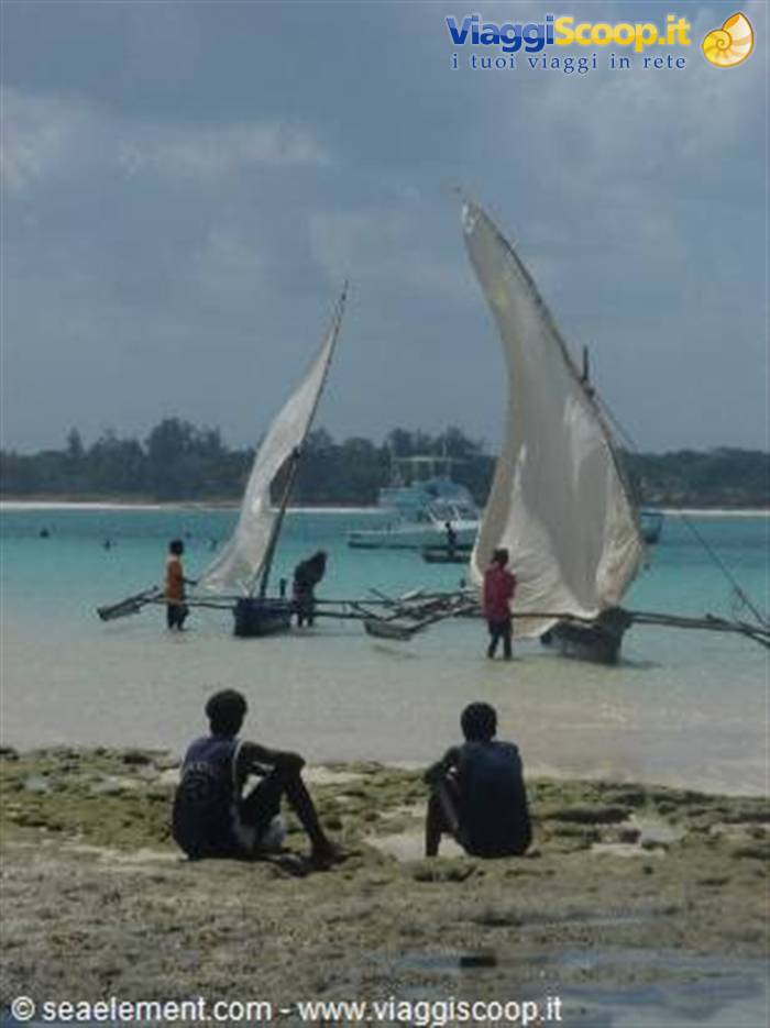 Boys sitting on the beach watching sailboats on turquoise water