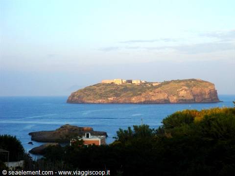Vivara island seen from Procida, houses and vegetation in the foreground