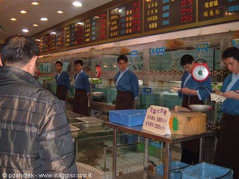 Fish market with tanks and lit price board, staff in blue uniforms