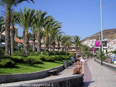 Woman sitting on a stone bench among palm trees, promenade with strolling tourists