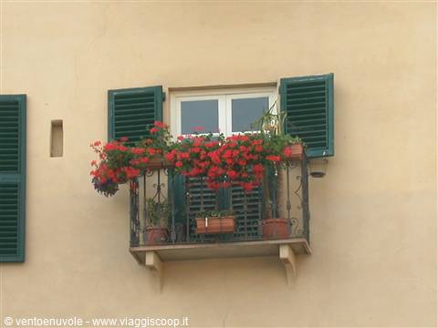 Balcony with red geraniums, green shutters and wrought-iron railing on ochre wall