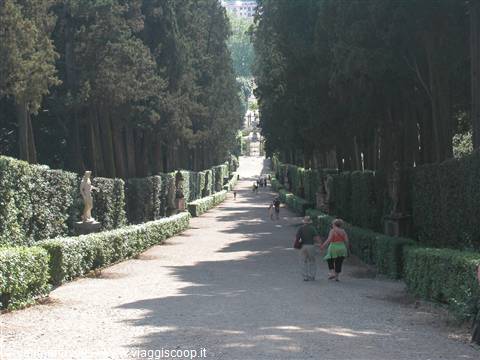 Cypress-lined avenue with statues, Boboli Gardens, two people walking