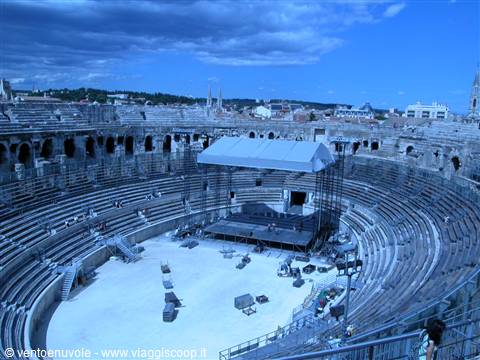 Roman amphitheater in Nîmes with stage and roof for concerts