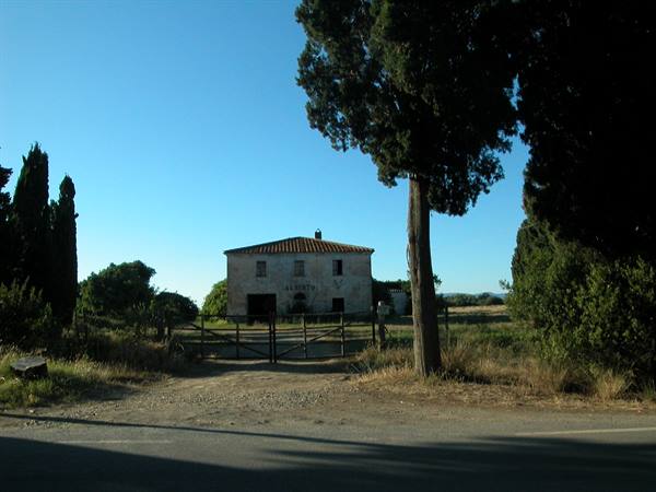 Old stone farmhouse among pines and cypresses, wooden gate on the dirt road