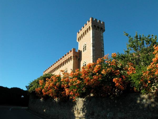 stone castle tower with battlements and orange flowers under blue sky