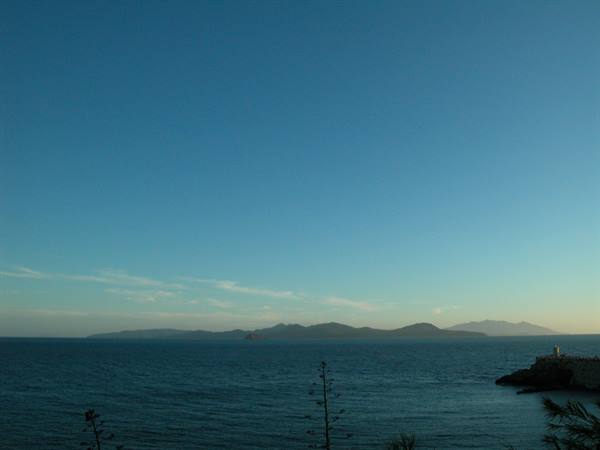 dark island on the horizon over blue sea, agave plant in foreground