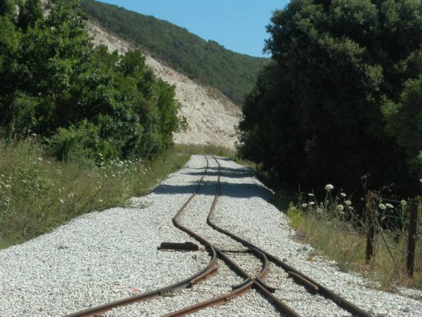 Rusty railway tracks on white gravel between green woods and hillside