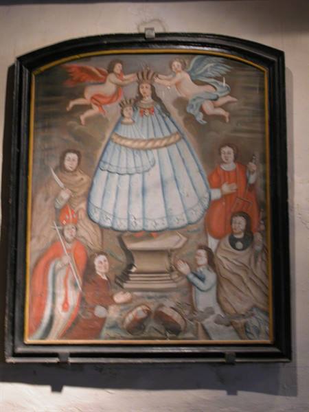 Colonial painting of the Virgin of Copacabana crowned by angels, wooden frame