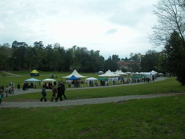 Visitors walk through the park among white market tents under grey sky