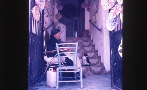 Woman seated among hanging ceramic plates, cat on stairs, craft workshop