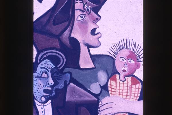 Cubist-style painting with distorted faces: mother, man and tousled child
